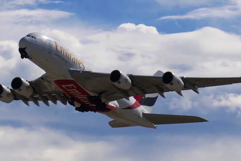  An Emirates Airline Airbus A380 approaches Dallas/Fort Worth International Airport in this...