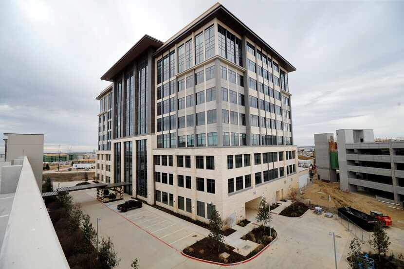 An exterior view of The Realm at Castle Hills, a new office tower in Lewisville.