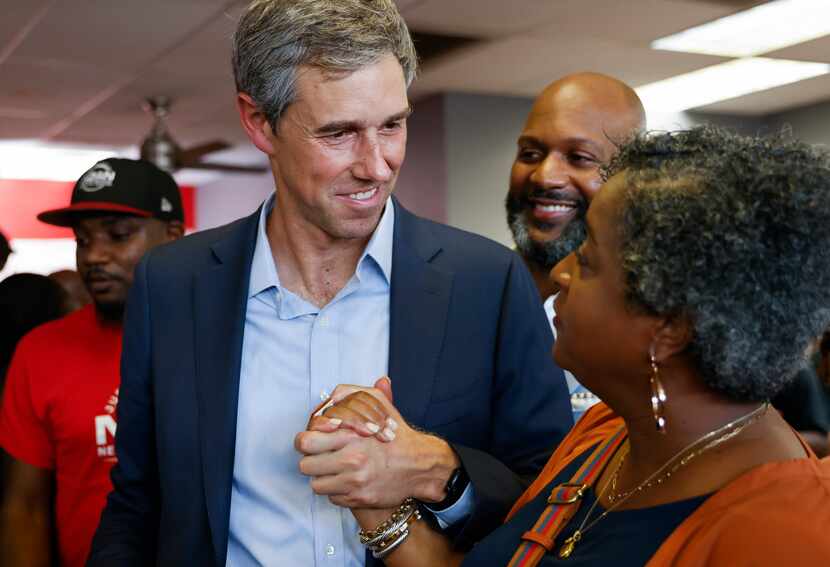 Texas Governor candidate Beto O'Rourke, left, greeted state Rep. Rhetta Bowers after he...