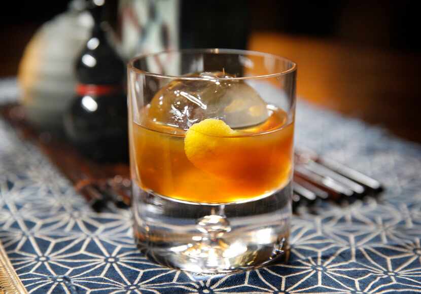 An old-fashioned made with soba-infused whisky and chocolate and walnut bitters. 