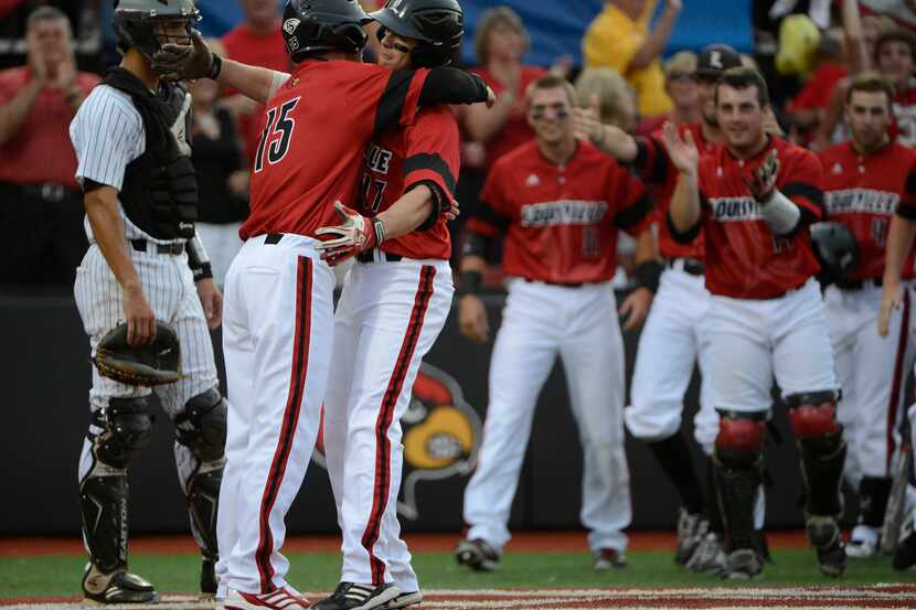 Jun 7, 2014; Louisville, KY, USA; Louisville Cardinals infielder Nick Solak (17) celebrates...
