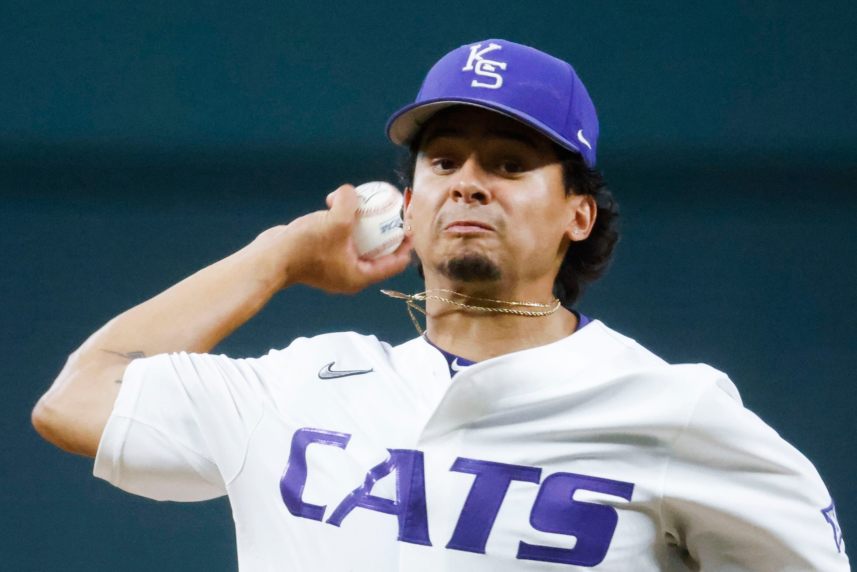 Kansas St. pitcher Logan Dobberstein throws during the fourth inning of a baseball game...