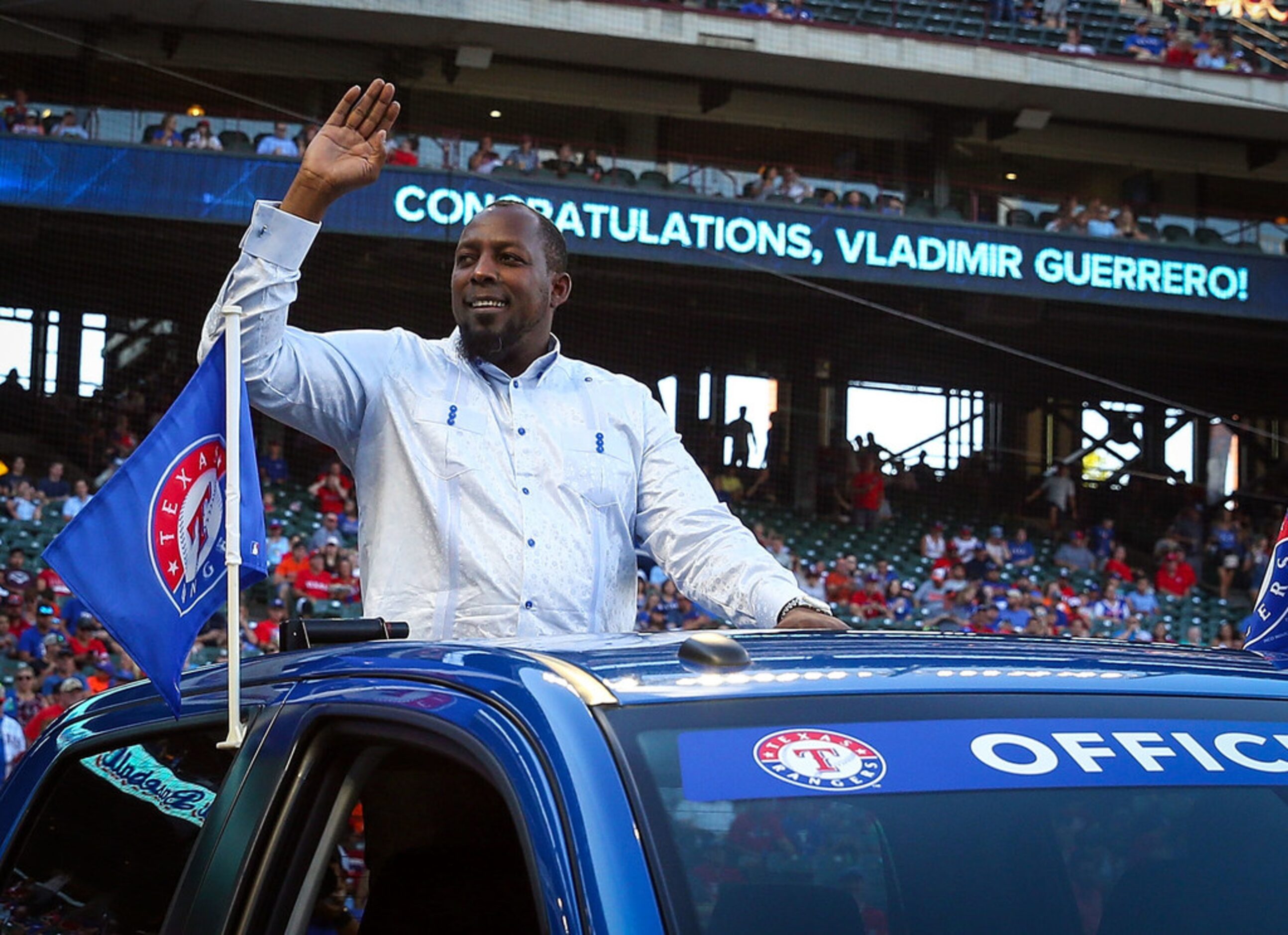 ARLINGTON, TX - AUGUST 04:  Former Texas Ranger Vladimir Guerrero, who was recently incucted...