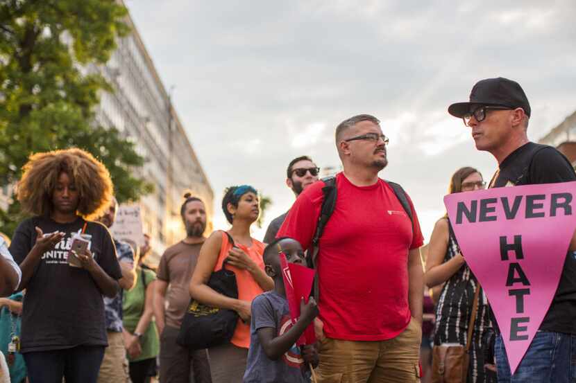 Demonstrators participate in a march and rally against white supremacy August 16, 2017 in...