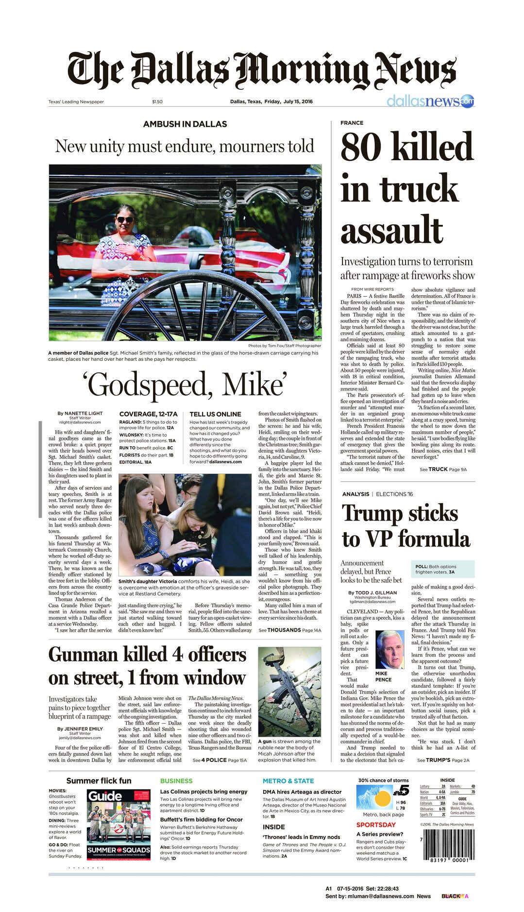 Front page of The Dallas Morning News on July 15, 2016. 