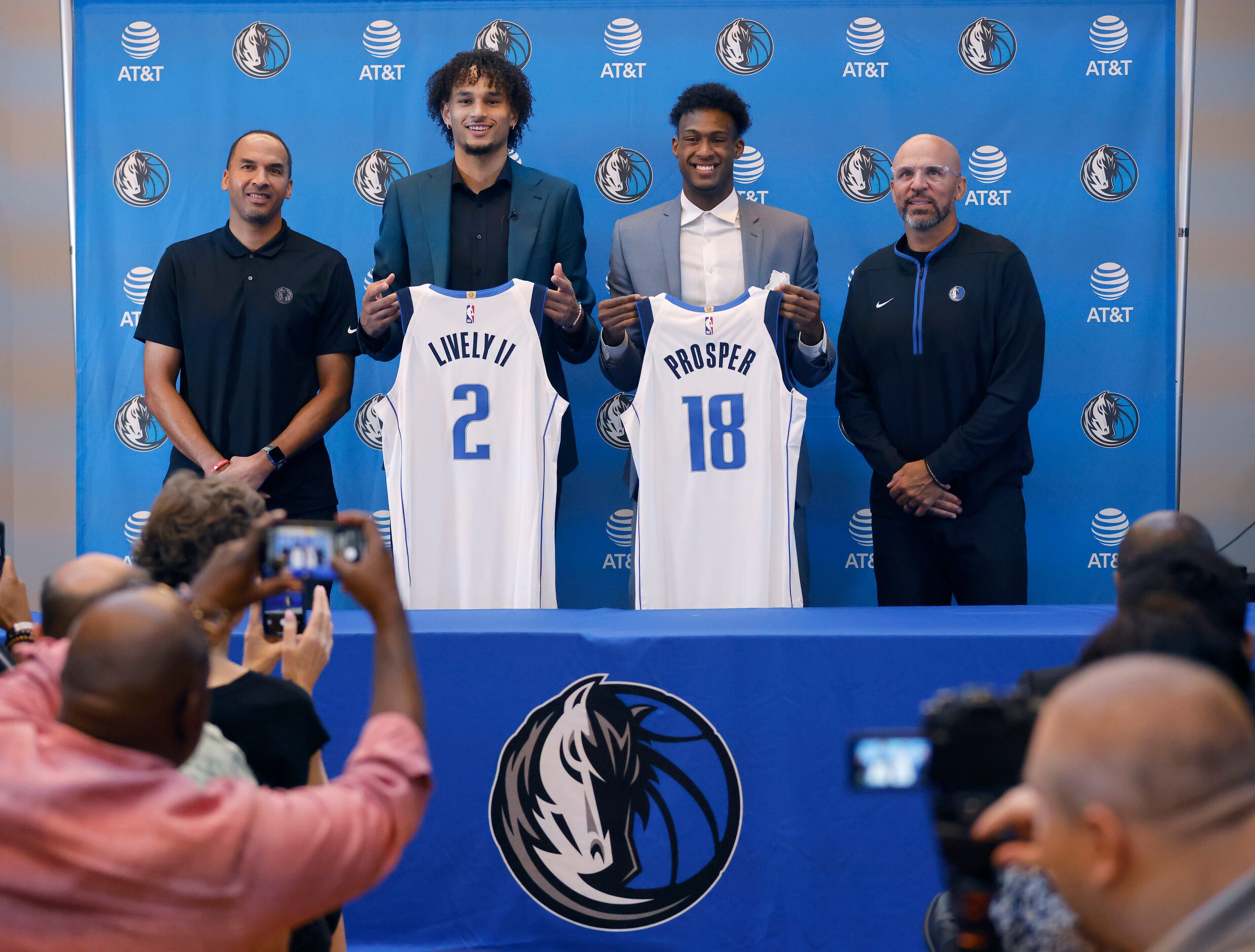 Newly drafted Dallas Mavericks players Dereck Lively II of Duke and Olivier-Maxence Prosper...