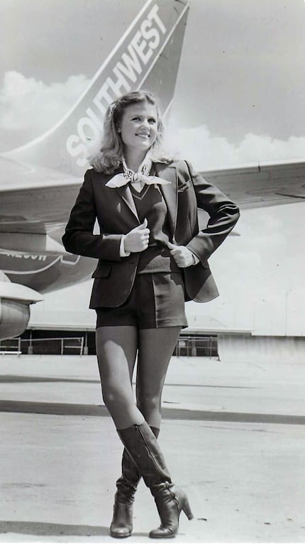 A Southwest Airlines flight attendant models the iconic hot pants uniform that the crews...