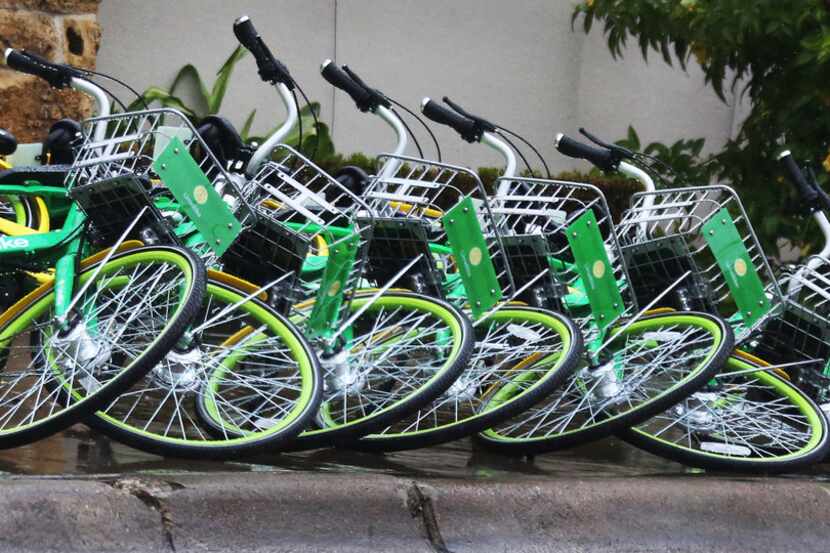 LimeBike rental bikes lie knocked over in a line along Young Street in downtown Dallas,...