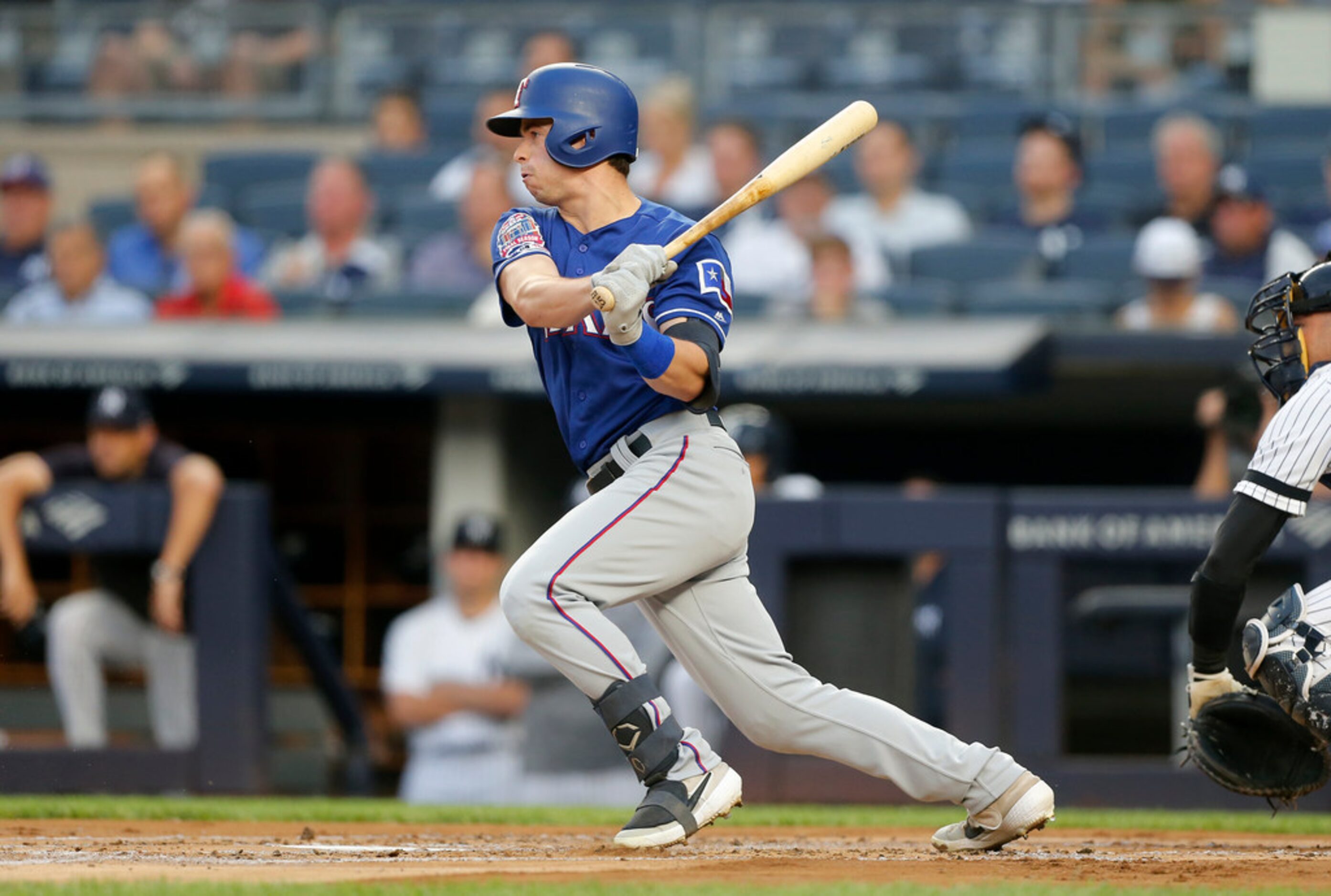 NEW YORK, NEW YORK - SEPTEMBER 04:   Nick Solak #15 of the Texas Rangers follows through on...