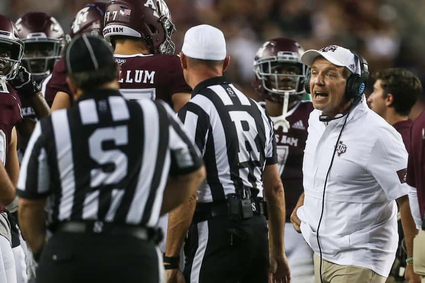 Texas A&M Aggies head coach Jimbo Fisher reacts to an official's call during the first...