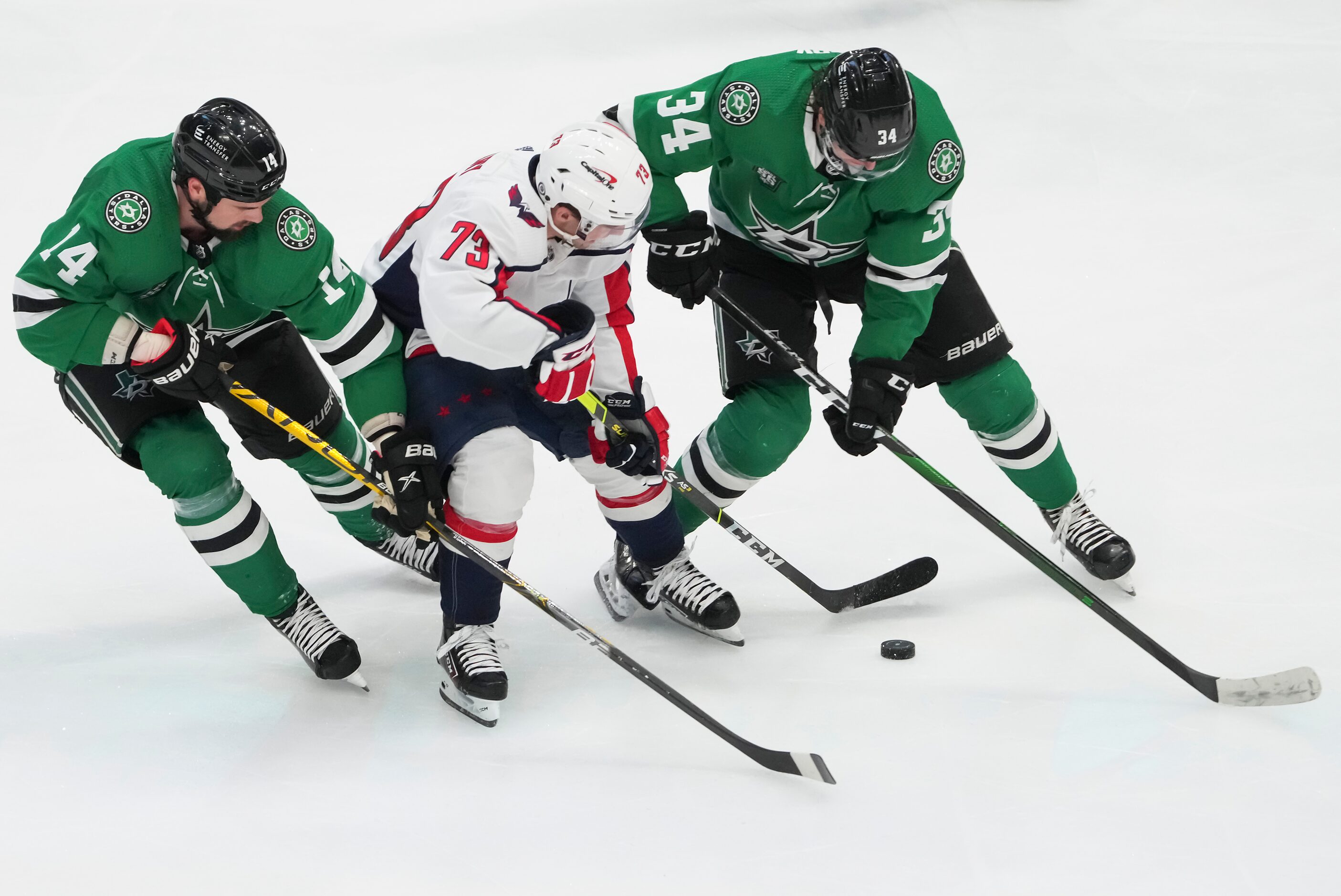 Dallas Stars left wing Jamie Benn (14) and right wing Denis Gurianov (34) battle Washington...