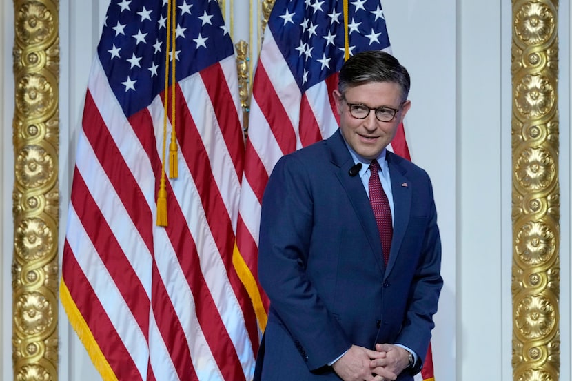 U.S. House Speaker Mike Johnson, R-La., arrives to deliver an economic address to financial...