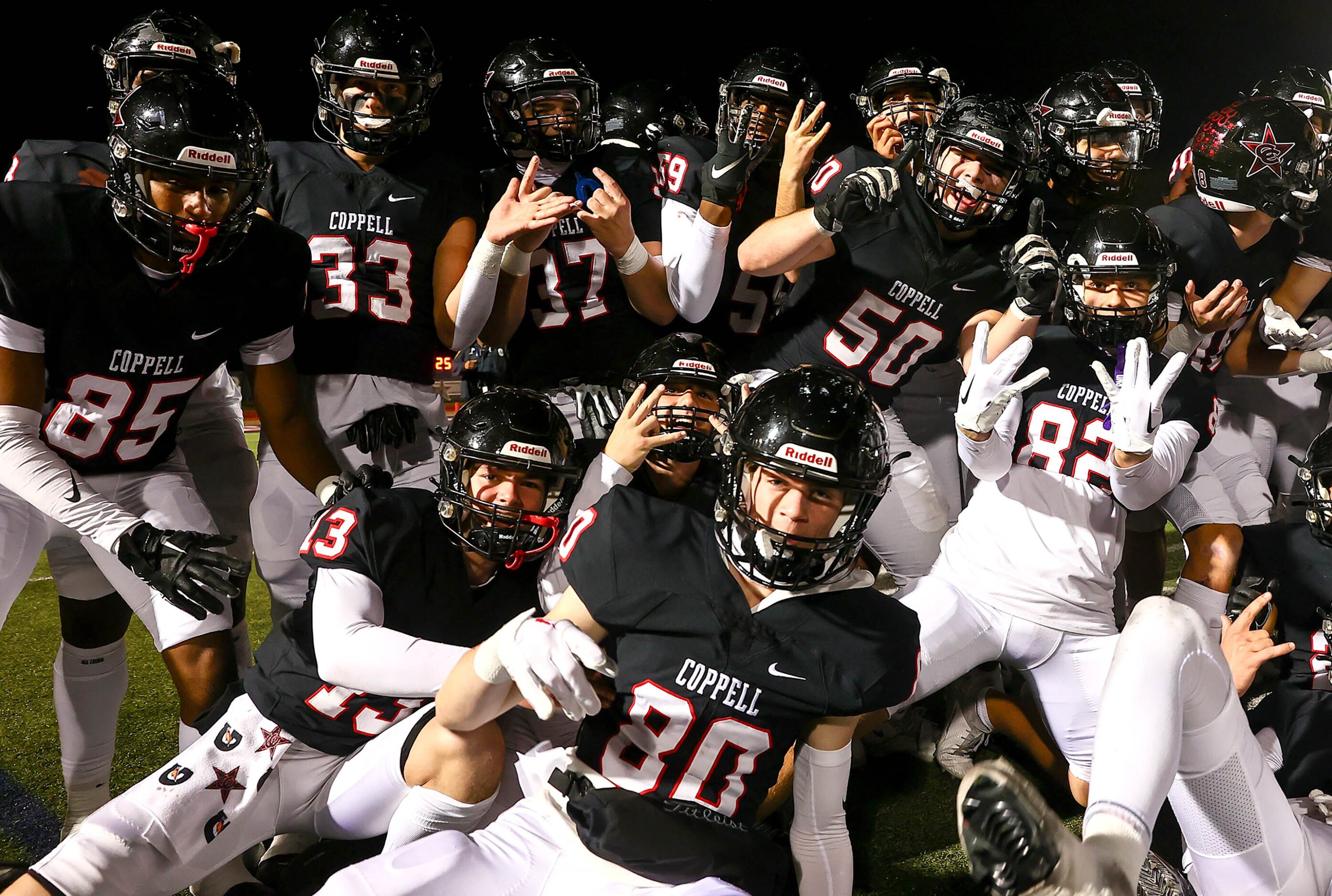 The Coppell Cowboys celebrate their victory over Denton Guyer, 35-21 in the Class 6A...