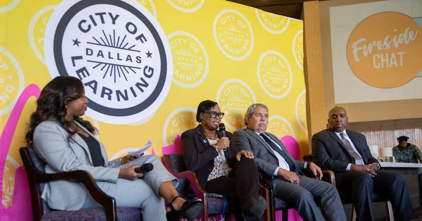 Dallas Mavericks CEO Cynt Marshall speaks alongside  DISD Superintendent Michael Hinojosa...