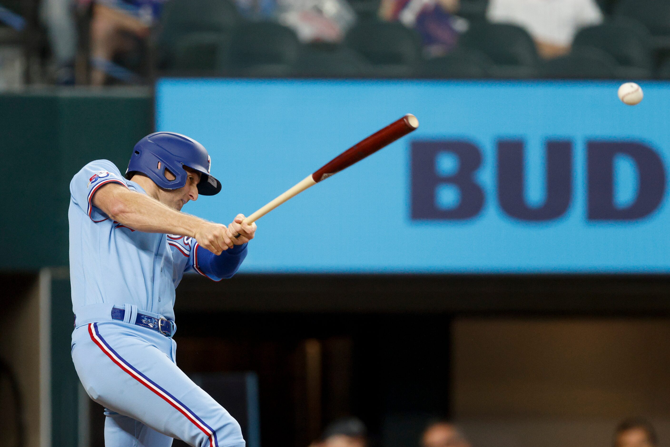 Texas Rangers designated hitter Brad Miller (13) fouls off a pitch during the sixth inning...