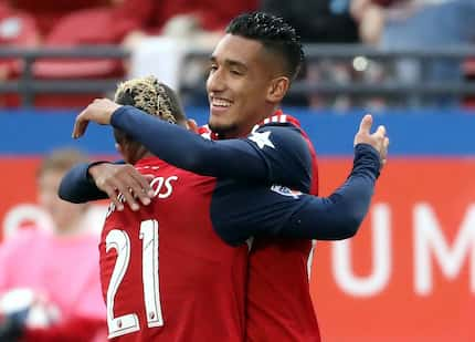 FRISCO, TEXAS - APRIL 13:  Jesus Ferreira #27 of FC Dallas celebrates his goal with Michael...