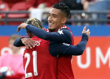 FRISCO, TEXAS - APRIL 13:  Jesus Ferreira #27 of FC Dallas celebrates his goal with Michael...