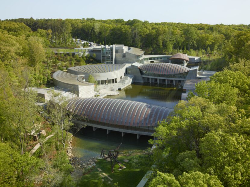 An aerial view of Crystal Bridges Museum of American Art in Bentonville, Arkansas....