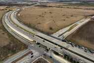 Aerial view of the corner of the Dallas North Tollway at Panther Creek Parkway in the Fields...