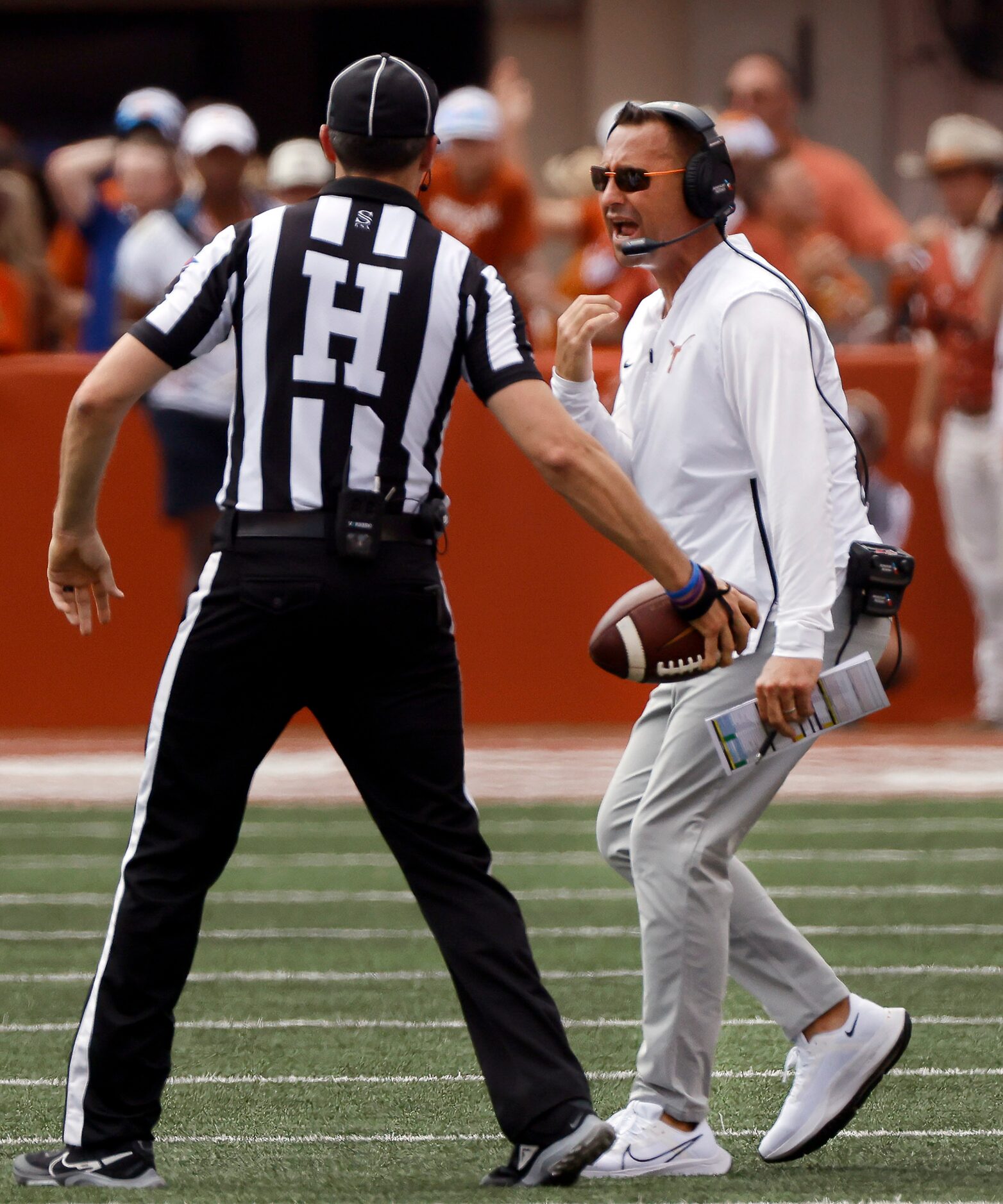 Texas Longhorns head coach Steve Sarkisian expresses his anger following a call during the...