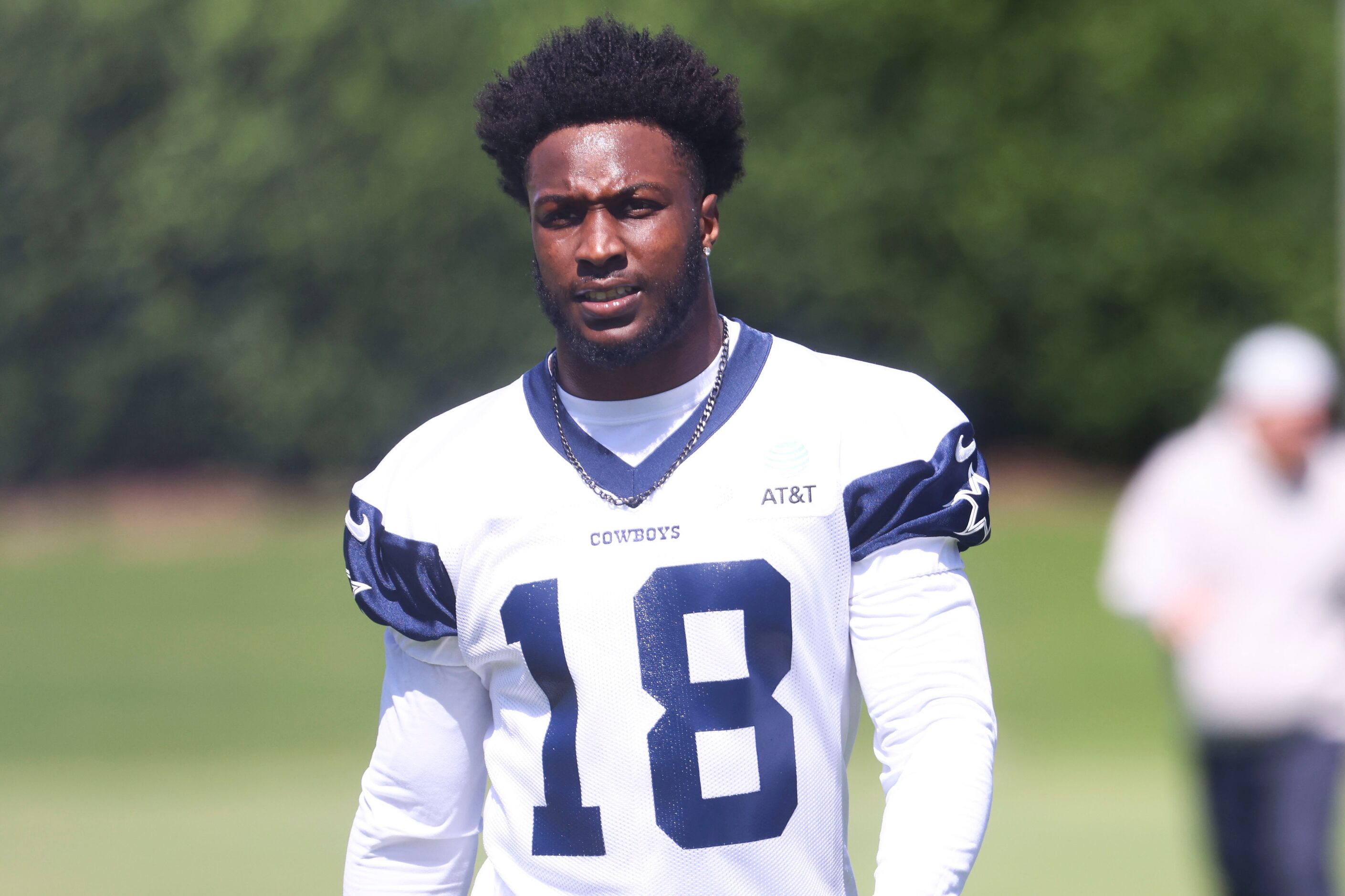 Dallas Cowboys wide receiver Ryan Flournoy exits the field during a rookie minicamp, on...