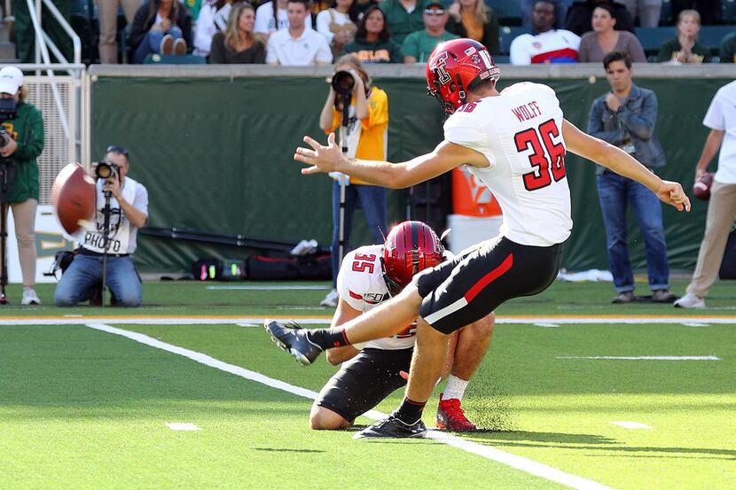 FILE - Texas Tech placekicker Trey Wolff (36) attempts a field goal against Baylor in the...