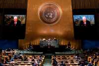 Palestinian President Mahmoud Abbas addresses the 77th session of the United Nations General...