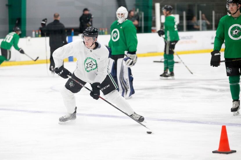Dallas Stars Thomas Harley (5) goes through a drill during the Dallas Stars prospect camp at...
