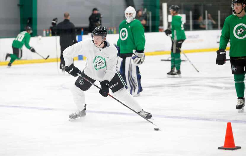 Dallas Stars Thomas Harley (5) goes through a drill during the Dallas Stars prospect camp at...