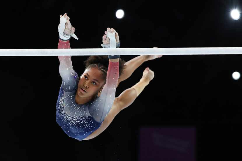 United States' Skye Blakely competes on the uneven bars during the women's team final at the...