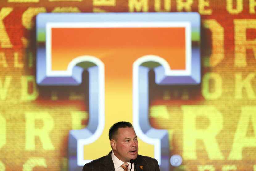 Tennessee coach Butch Jones speaks to the media at the Southeastern Conference NCAA college...