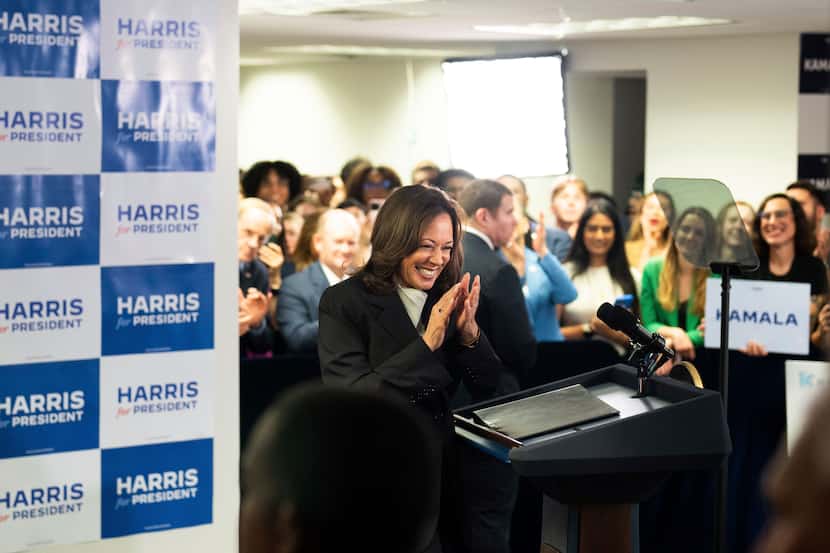 Vice President Kamala Harris speaks at her campaign headquarters in Wilmington, Del.,...