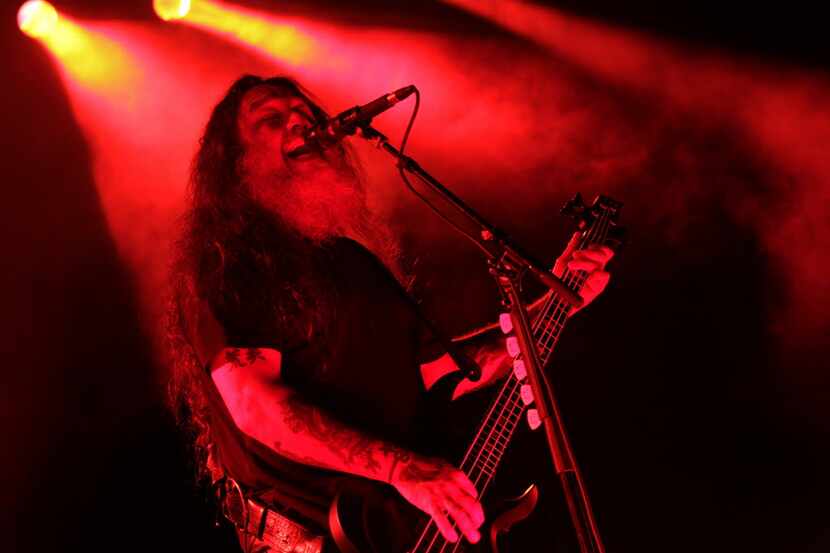 Tom Araya of Slayer performs during the Rockstar Energy Mayhem Fest at Gexa Energy Pavillion...