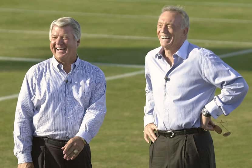Fox sports analyst Jimmy Johnson, left, and Dallas Cowboys team owner Jerry Jones, right,...