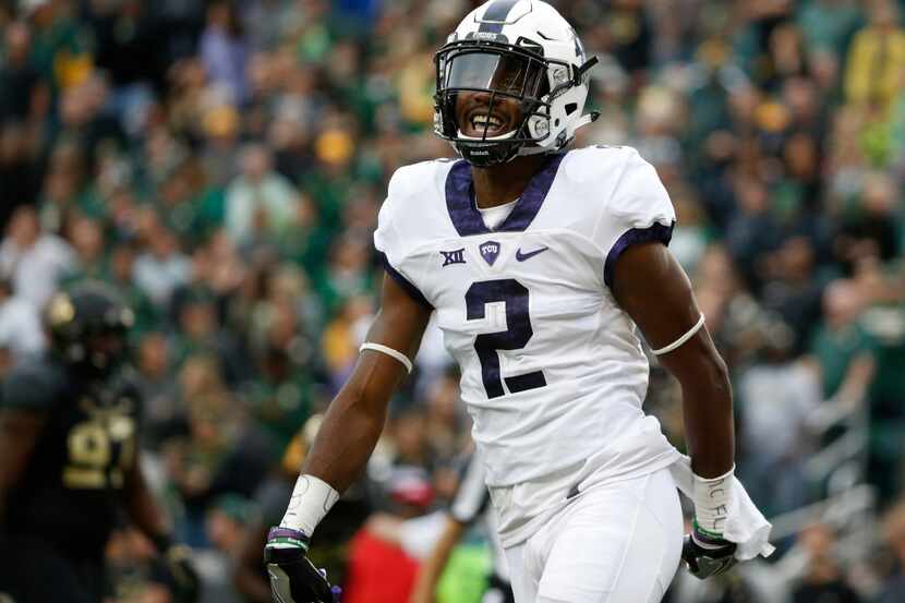TCU Horned Frogs wide receiver Taj Williams (2) celebrates a touchdown against the Baylor...