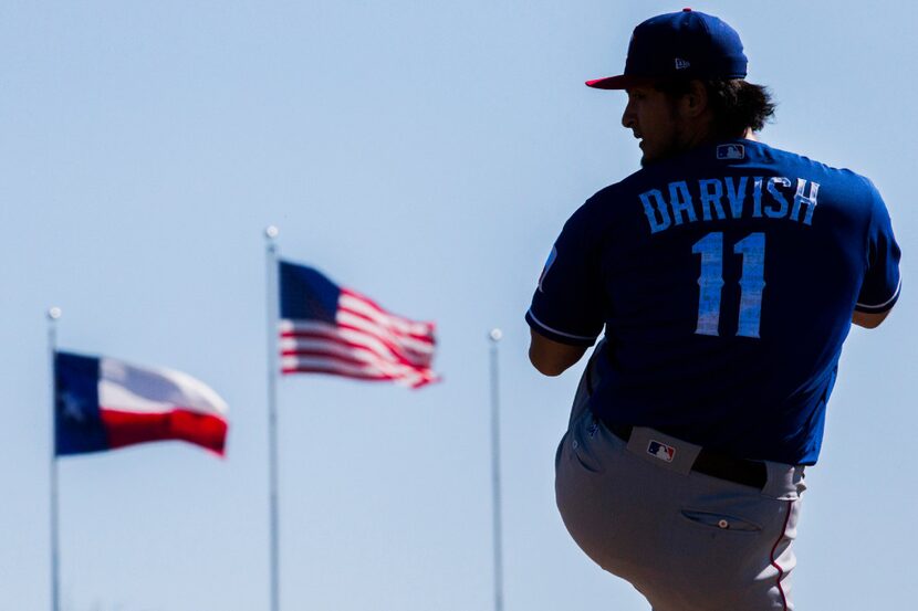 Texas Rangers starting pitcher Yu Darvish (11) pitches a simulated game during a workout at...