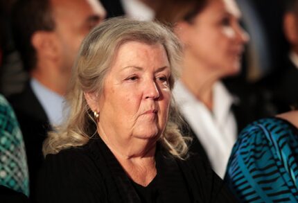 Juanita Broaddrick sits before the town hall debate at Washington University on October 9,...