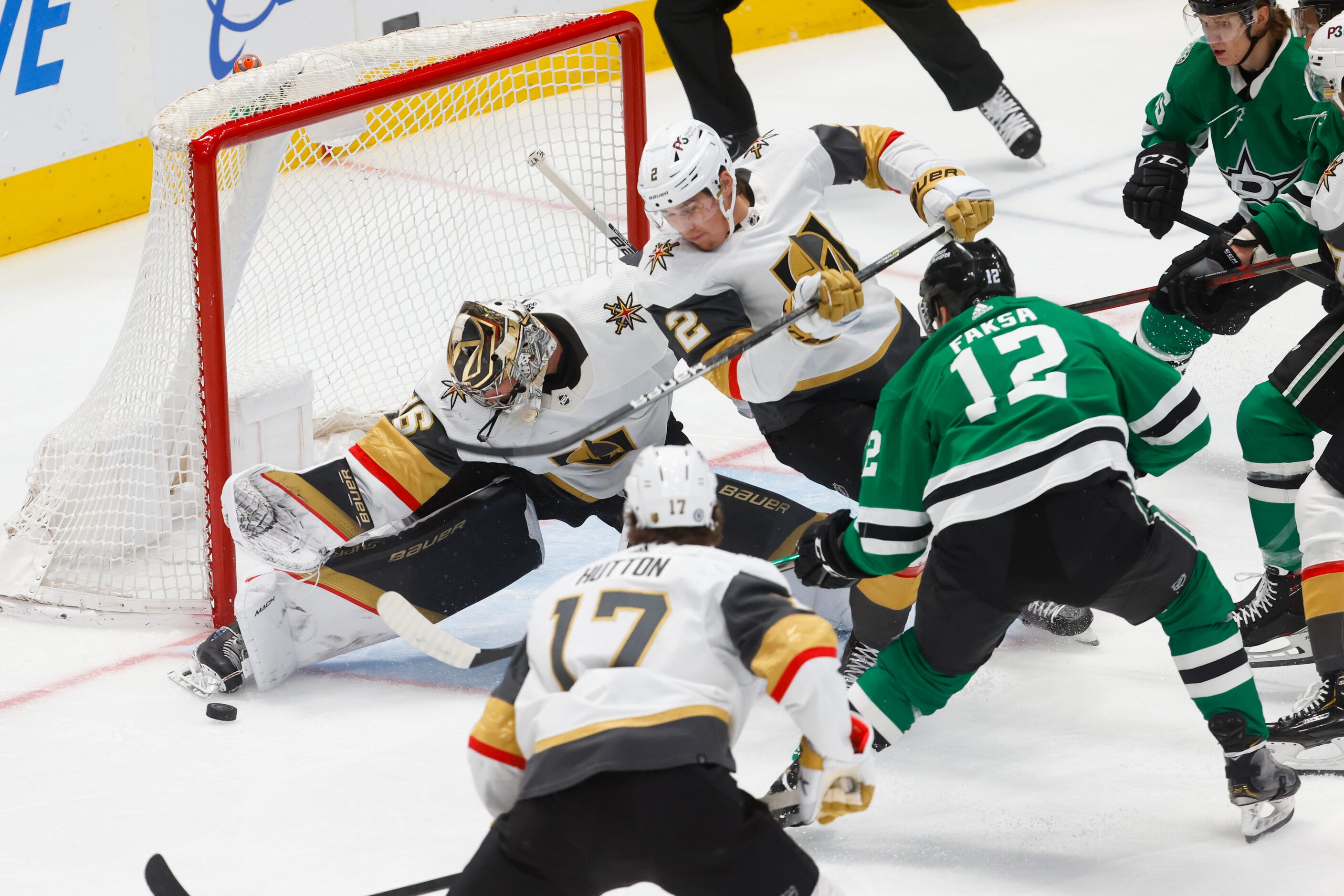 Vegas Golden Knights goaltender Logan Thompson (36) stops a Dallas Stars puck, on Tuesday,...