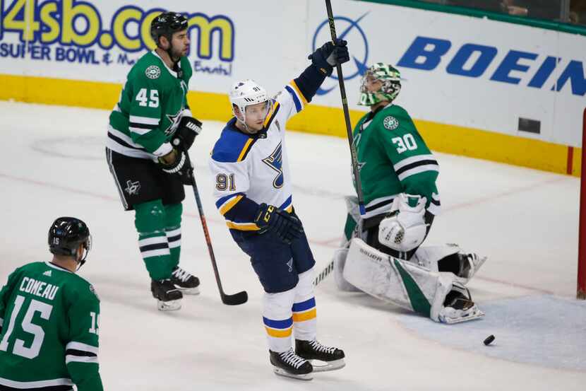 St. Louis Blues right wing Vladimir Tarasenko (91) celebrates his power-play goal in front...