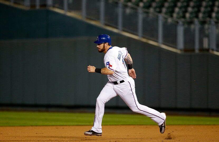 Round Rock Express Josh Hamilton (13) runs to second base in a game against the Omaha Storm...