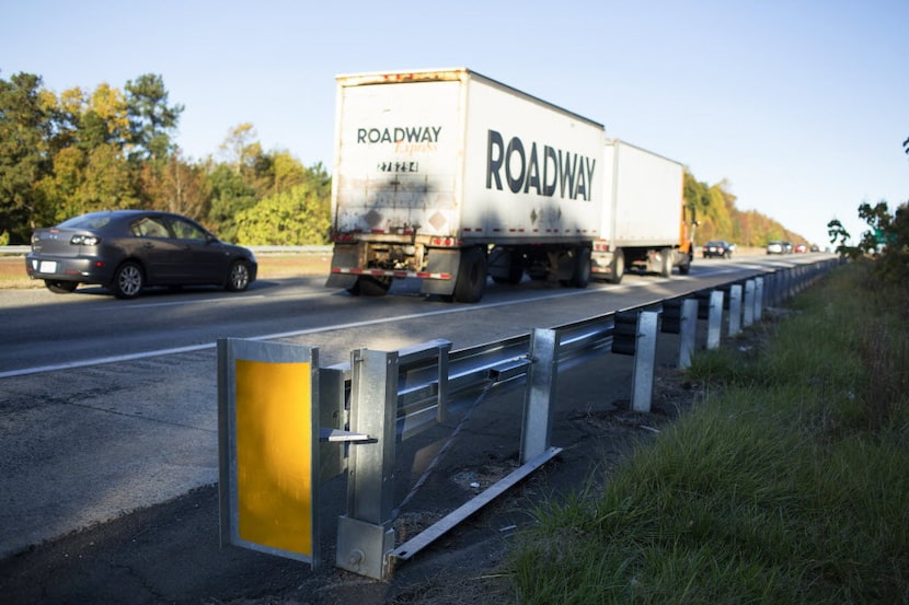 A new Trinity Industries guardrail head at the site of a car accident in Hillsborough, N.C.,...