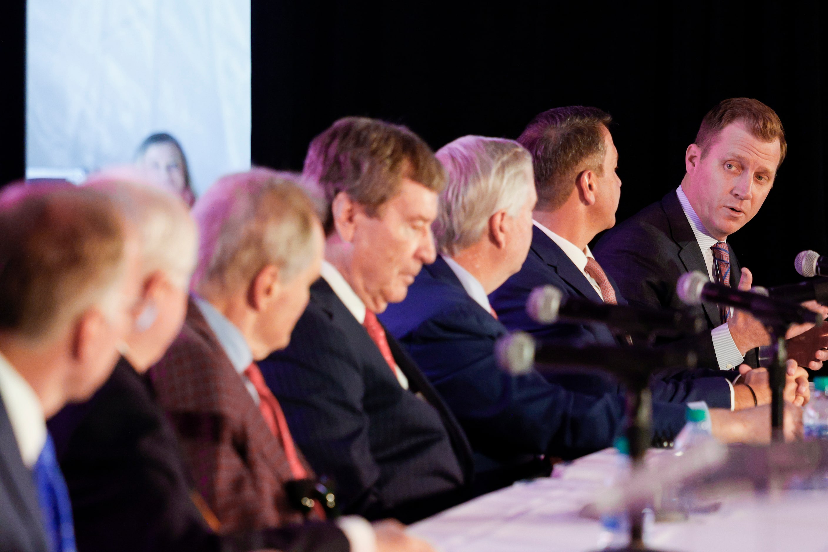 SMU head football coach Rhett Lashlee (far right) thanks SMU alumnus Garry Weber during a...