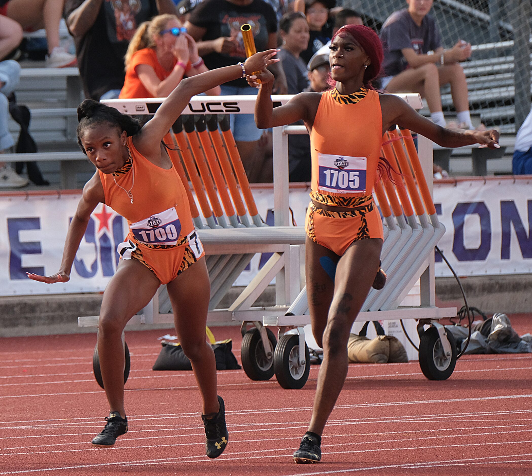 The team from Lancaster competes in the 4x200M relay at the UIL State track championships at...