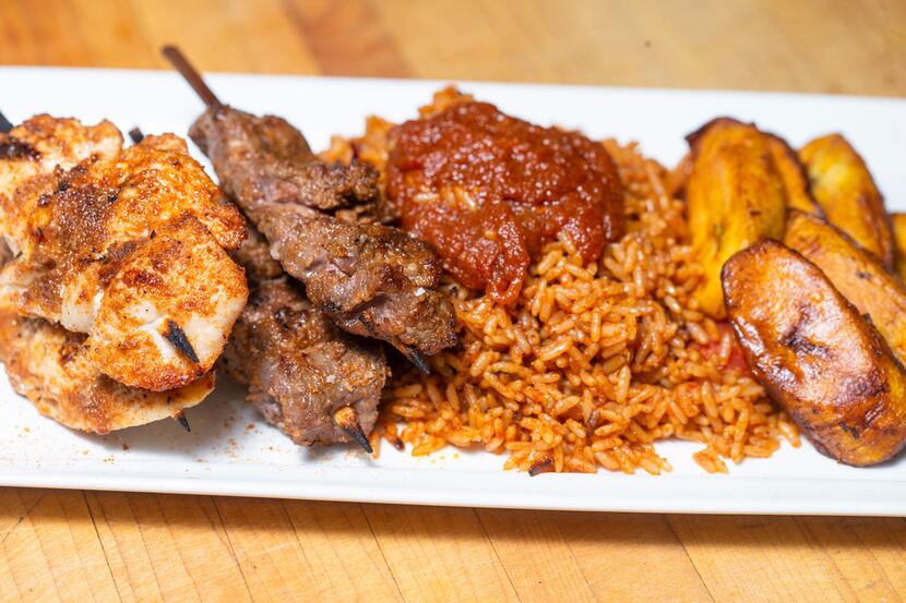Chef Kev Ashade's chicken and beef suya with fried plantains and jollof rice in his Dallas...
