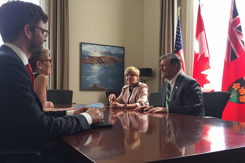 Dallas Mayor Mike Rawlings and Fort Worth Mayor Betsy Price speak with Canadian officials,...