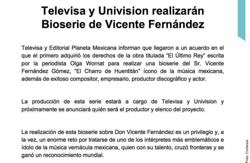 Televisa y Univisión emitieron un comunicado informando que la bioserie de Vicente Fernández...