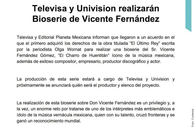 Televisa y Univisión emitieron un comunicado informando que la bioserie de Vicente Fernández...