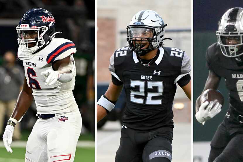 Denton Ryan LB Anthony Hill Jr. (left), Denton Guyer CB Peyton Bowen (center), and Arlington...