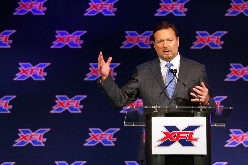 Bob Stoops, new head coach and general manager of the Dallas XFL team, speaks during a press...