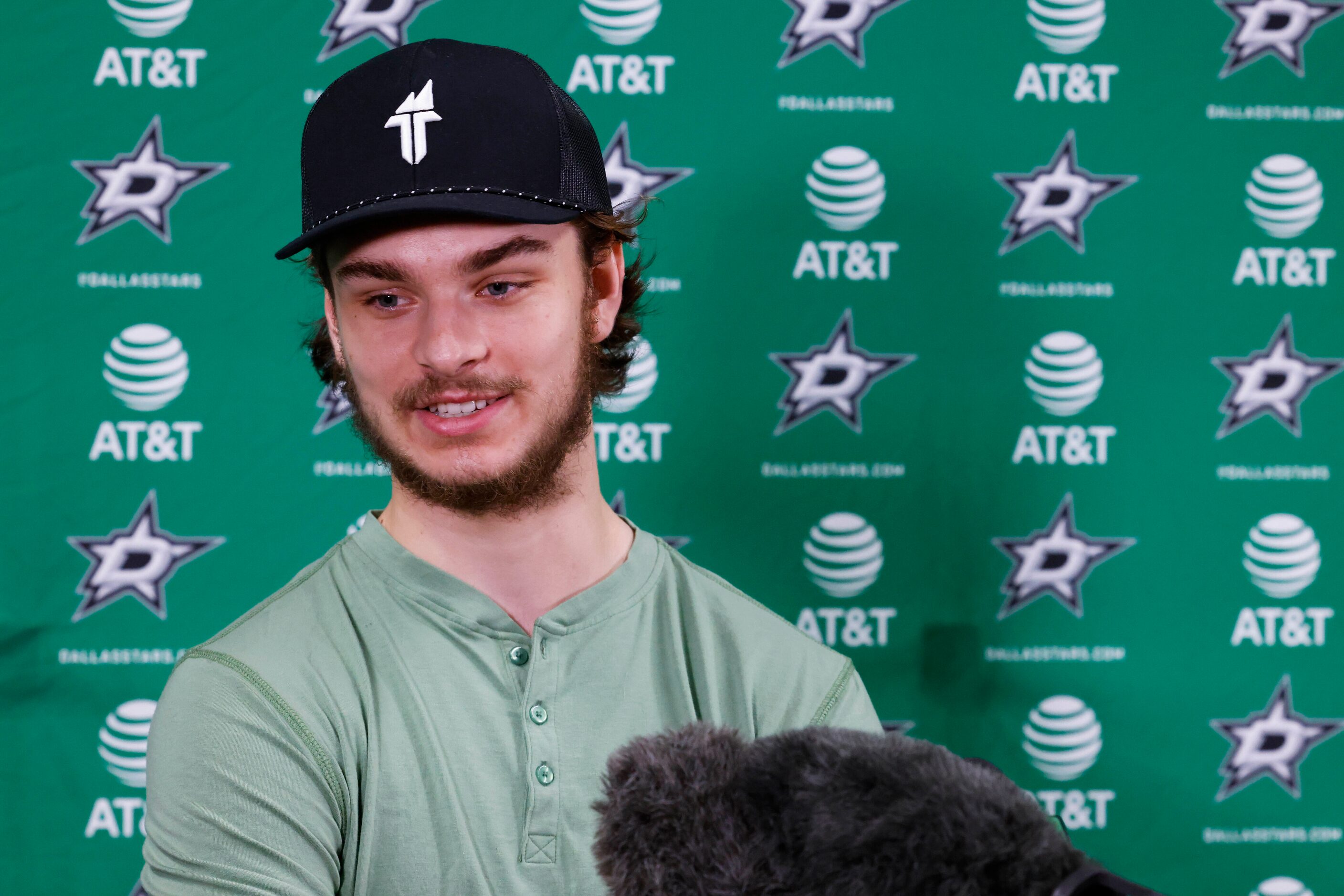 Dallas Stars center Wyatt Johnston speaks during Dallas Stars season wrap news conference on...